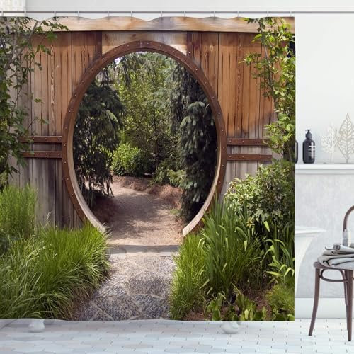 OCEUMACO Garden Shower Curtain Outdoor for Wet Room Outside Fence Extra Long Fabric 3D Japanese Brown Doorway Gate Green Picture Scene Bathroom Curtains 200cm Drop Anti Mould Waterproof