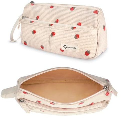 FINPAC Federmäppchen Pencil case, Cord-Stoff Mäppchen mit Handschlaufe Große Kapazität Federtasche Schulmäppchen Schreibwarenbeutel Bleistiftbeutel Stiftetasche für Schule Büro (Erdbeere)