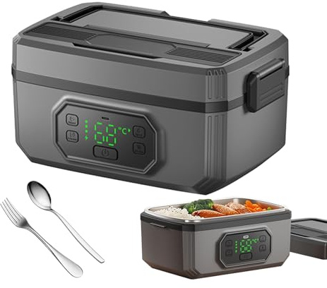 Lunch box con batteria da 21.000 mAh, 1200 ML contenitore interno in acciaio inox 304, ricarica rapida 18 W, forchetta e cucchiaio inclusi – Ideale per campeggio, cantiere e attività all’aperto