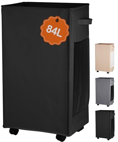 IHOMAGIC 84L Faltbarer Wäschekorb mit Rollen, Schwarz Wäschekorb Schmal aus 600D Oxford-Stoff, Tragbarer Wäschesammler mit Netztaschen für Schlafzimmer, Badezimmer, Camping, Kleine Räume