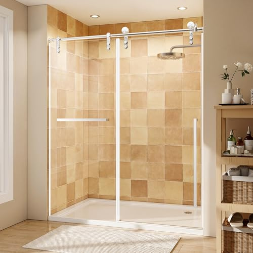 44-48 W x 76 H Glass Shower Door, Frameless Shower Door with 5/16 (8mm) Clear SGCC Tempered Glass, Explosion-Proof Film, Stainless Steel Hardware, Chrome