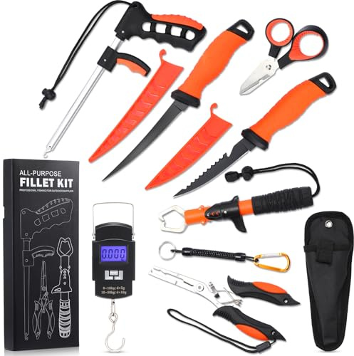 RoundFunny 9 Pcs Fishing Tool Kit, Fishing Pliers with Lanyard Sheath, Fillet Knife Kit Combo, Digital Scale, Hook Remover, Lip Gripper, Braid Scissors, Fish Gear Equipment Easter Gift Basket Men