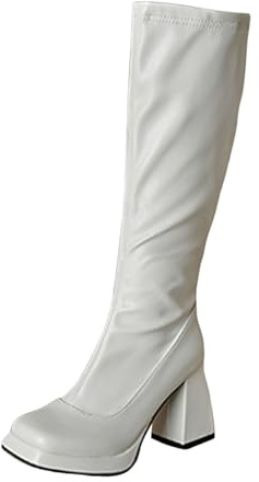 Stivali Donna Mid-Calf in Pelle con Plateau Tacco e Cerniera Laterale (White, 46)
