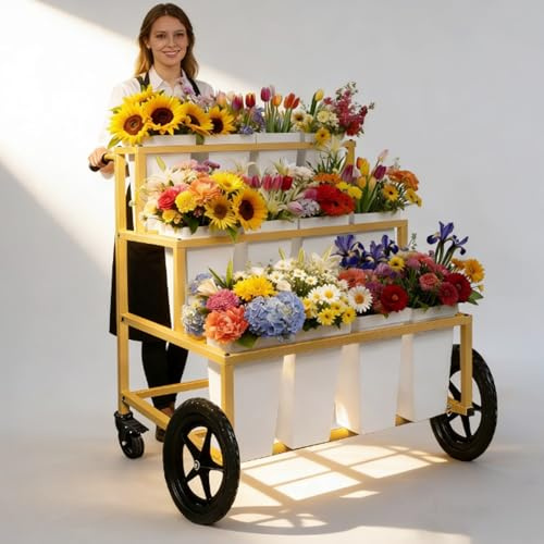 Heavy Duty Flower Cart Display Stand with Large Wheels and Handles, Metal Flower Plant Stand with 12 Buckets, Moving Flower Bouquet Holder for Farmers Market Stand, Flower Bar Supplies for Patio Garden Florist Wedding (Gold, L33.4*W31.4*H*40.5in)