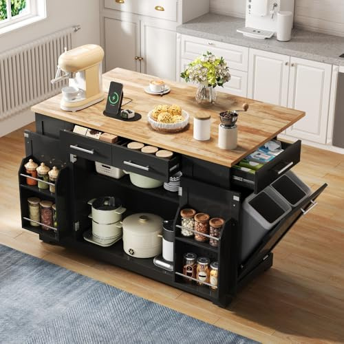 Carrello da cucina 138x56-86x92cm,isola da cucina su ruote con piano di lavoro pieghevole,bassa rumorosità e presa UE,carrello da pranzo con ripiani regolabili e vano rifiuti estraibile(Nero+Naturale)