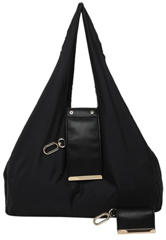 Foldable Keychain Tote Bag with Premium Leather Pouch Expandable Reusable Grocery Shopping Bag Large Capacity Lightweight Portable Handbag for Travel Daily Use (black)