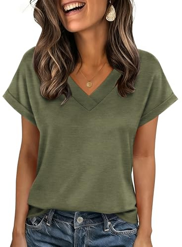 Zeagoo Camiseta de Mujer Verano Escote en V Casual Tops Manga Corta Blusas Elegante y Holgada Básica Verde Militar L