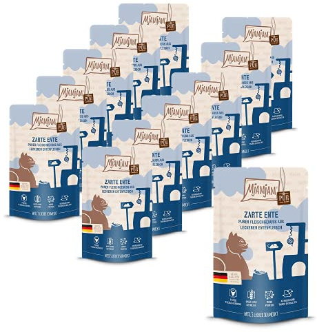 MjAMjAM - nourriture humide premium pour chats - Quetschie - pur plaisir de la viande - tendre canard pur, pack de 12 (12 x 125 g), sans céréales avec supplément de viande