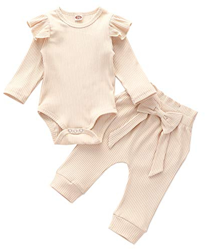 Geagodelia Babykleidung Set Baby Mädchen Kleidung Outfit Langarm Body Strampler + Hose Neugeborene Weiche Einfarbige Babyset T-45461 (Beige, 0-6 Monate)