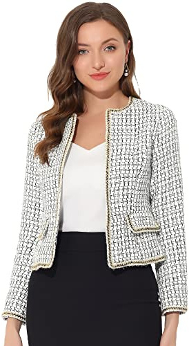 Allegra K Women's Plaid Tweed Blazer Long Sleeve Open Front Work Office Short Jacket Medium White