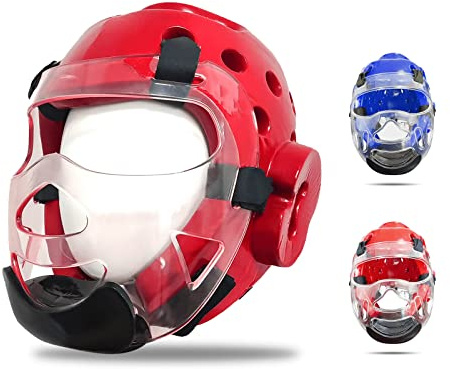 HYJJ Kids & Adults Taekwondo Helmet, with Removable Face Shield, Soft Headgear for Martial Art Grappling Muay Thai Kickboxing (Red, S)