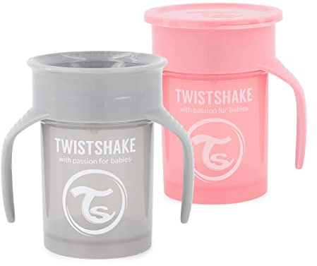 Twistshake 2x Gobelet 360 Anti-Éclaboussures Pour Bébé Avec Joint En Silicone - 230ml | Gobelet D'entraînement Pour Enfants | Bouteille D'eau Étanche | Sans BPA | Rose Gris