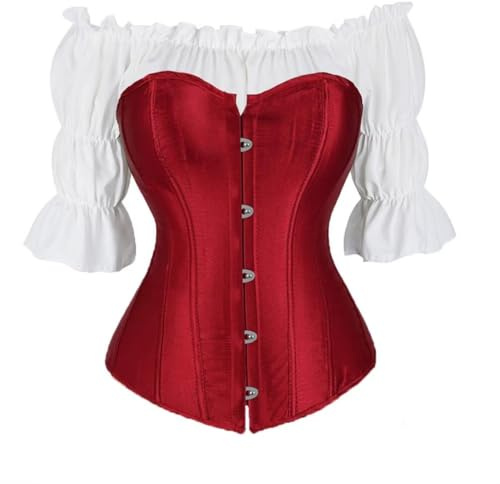 WLFFW Corsetto Burlesque Donna Corpetto Satin con Camicia da Pirata (EU(30-32) XS, Vino Rosso)