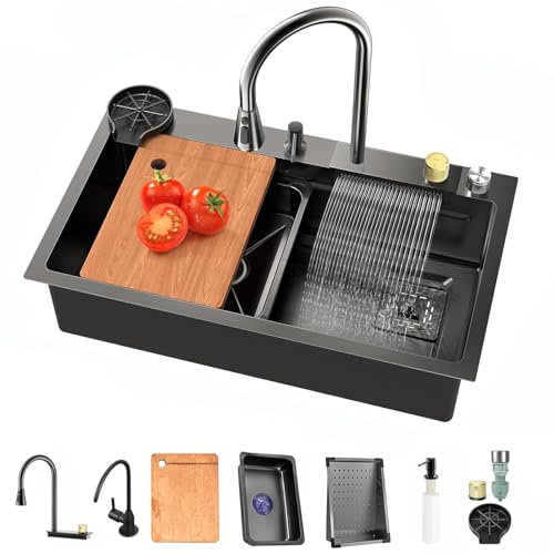 FGNIXLN Fregadero de cocina en cascada, gris oscuro 304, acero inoxidable, fregadero de cocina multifuncional, fregadero con grifo extraíble y otros accesorios (80 x 45 cm)