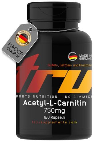 Acetyl-L-Carnitin - 120 Kapseln - Hochdosiert - 750mg Acetyl-L-Carnitin pro Kapsel - TRU Sports Nutrition - 100% Vegan | Herstellung & Laborprüfung in Deutschland