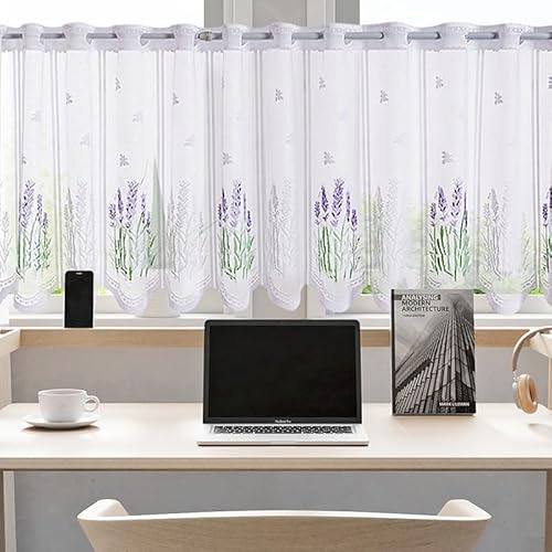 Daliena Rideau brise-bise avec barre perforée - Jacquard - Rideau de cuisine court - Style maison de campagne - Transparent - Dentelle - Blanc - Vintage - Court - Largeur : 90 x 50 cm - 1 pièce