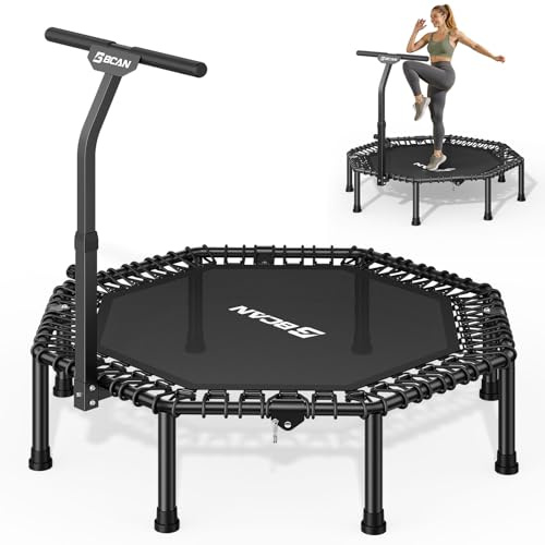 BCAN BT3 51 Octagonal Rebounder Trampoline for Adults, 450LBS Max Load Fitness Trampoline with Large Jumping Area, Silent Bungee Mini Trampoline with T-Adjustable Handle for Home Gym-Black