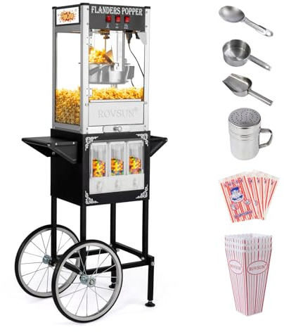 ROVSUN Popcorn Machine with Cart, Wheels & 8 Ounce Kettle Makes Up to 32 Cups, Popcorn Maker w/Candy Dispensers Scoop Oil Spoon & 3 Popcorn Cups Movie Theater Style for Commercial Home, ETL Certified
