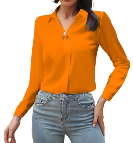 Chemisier habillé en satin à col en V et manches longues pour femme, Orange, M
