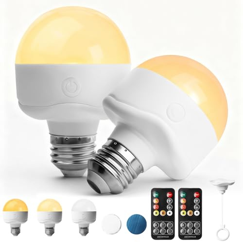 Behogan 2 lampadine ricaricabili con telecomando, E26, 3 colori, dimmerabili, con base magnetica, gancio e telecomando, funzione temporizzazione, 3000 – 6000 K
