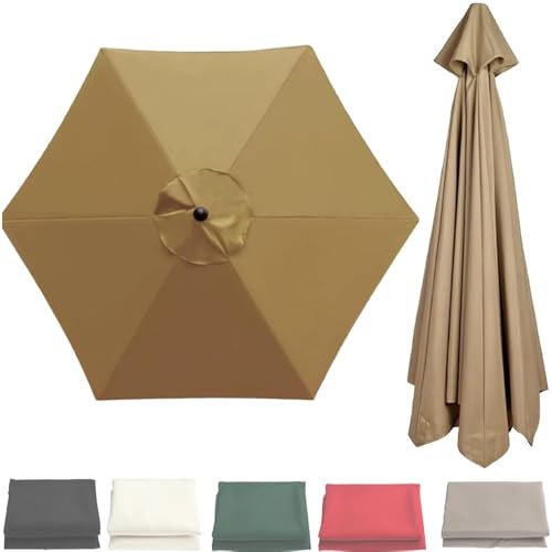 Umbrella Canopy Cover, 6 Ribs Anti-UV Market Table Parasol Replacement Cloth, 9ft/10ft Waterproof Umbrella Top Cove for Beach Yard Pool Patio(Khaki, 2.7m(9ft))