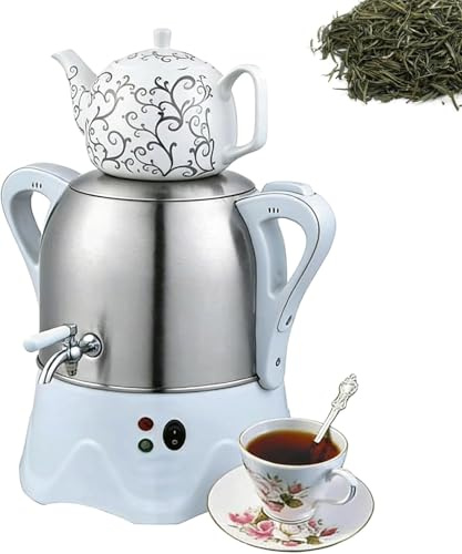 Elektrisk turkisk tebryggare, elektrisk turkisk samovar med varmhållningsfunktion, 3L tekanna i rostfritt stål och 1 L keramisk tekanna, for kaffe, doftande och turkiskt te(White)