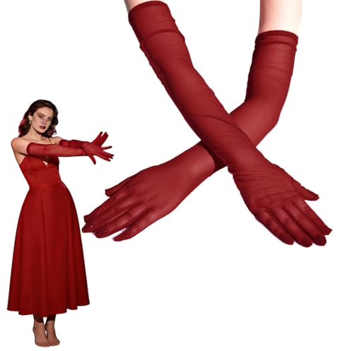 THXFUNAREA 1 Paire de Gants rouge Longs pour Femme, Gants de Tulle Fin pour Mariage, Tenue de Soirée Chic, Cérémonie et Fête Festive, Séduisant et Style Rétro et Légers pour une Silhouette Raffinée