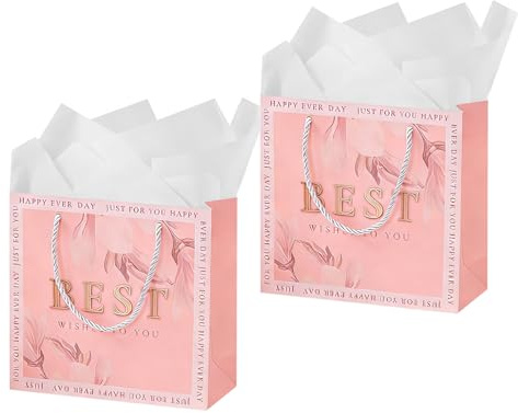 THXFUNAREA Set 2 Sacchetti Regalo Borsa Regalo Donna Rosa Confezione Regalo 20x8x20 cm con 2 Carta Velina Bianca 50x70 cm Festa della Mamma Compleanno