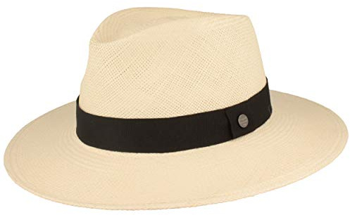 Breiter Cappello Panama Originale di Paglia Cappello Estivo Intrecciato a Mano in Ecuador con Cinturino in Pelle Protezione UV e Antirottura Leggero Traspirante Bianco (Nastro Grosgrain) S
