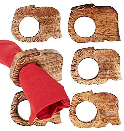 MARRAKESCH 6er Set Serviettenhalter Serviettenringe aus Holz Kiran xxcm groß braun | Elefant Serviettenschnalle für Weihnachten Bankett Hochzeit handgefertigt als Tischdeko auf den gedeckten Tisch