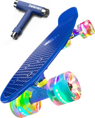Deleven Skateboard mit LED Rollen, Skate Tool und ABEC 7 Lager - Kinder Erwachsene Anfänger - 56 cm