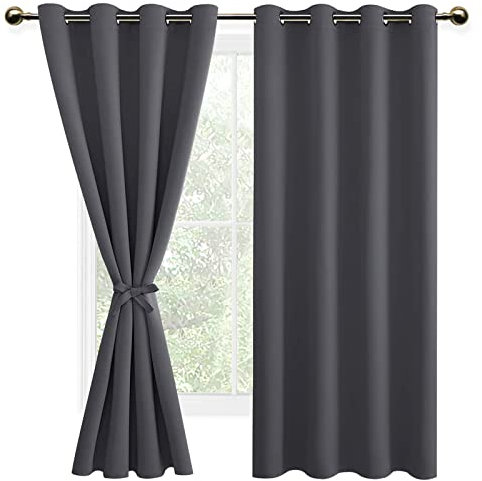 DWCN Dark Grey Blackout Curtains with Tiebacks for Bedroom Thermal Insulated Solid Eyelet Curtains for Living Room,2 Panels,55 Wide x 69 Drop
