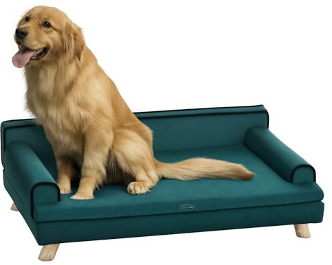 PawHut Sofa für Hunde und Katzen, skandinavisches Design, weiches Kissen, abnehmbar, Füße, Massivholz, 100 x 62 x 32 cm, Entenblau