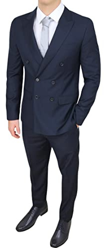 Evoga Completo Abito Uomo Sartoriale Doppiopetto Foderato Vestito Elegante Cerimonia (52, Blu Scuro)