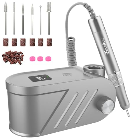 Enniewi Torno para Uñas Profesional 35000 RPM, Pulidor Uñas, Lima Electrica, Nail Drill, Set Manicura y Pedicura Electrico, Kit 11 Fresas Brocas, LED Tátil, Quitar Acrílico Gel/Esmalte/Callos, Gris