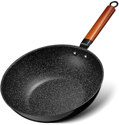 BEZIA Nonstick Wok Induction, 30cm Non Stick Stir-Fry Wok with Flat Bottom, Removable Wooden Handle, Compatible All Stoves