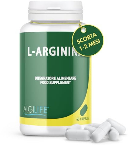 ALGILIFE L-Arginina Integratore Sportivo sviluppo Massa Muscolare (60 Capsule, Fornitura 1-2 mesi) contro Ansia e Stress favorisce la produzione di Creatina e Collagene, Vegan no Glutine e Lattosio