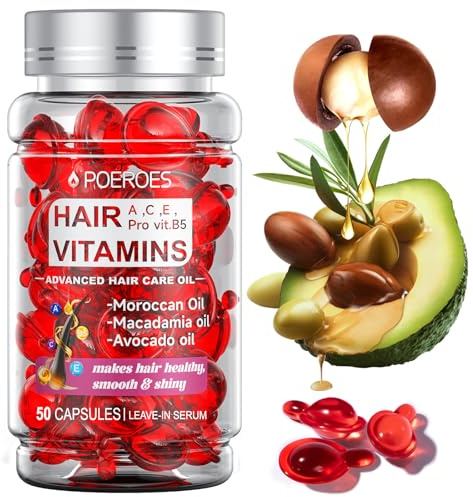 POEROES Hair Oil 50 Capsules - Hair Vitamins A C E Pro B5 - Hair Treatment Serum - Serum for Frizzy and Damaged Hair - Argan & Avocado Oil - Leave in Conditioner for Women & Men