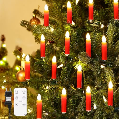 Lewondr 20 Pezzi LED Albero di Natale Candela Luci, Clip Tremolante su Cndele senza Fiamma con Timer remoto e 4 Modalità, Albero di Natale Candela Luci Ornamenti Vacanza per Alberi di Natale, Rosa