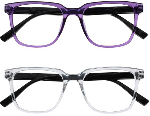 OPULIZE LEO Occhiali da lettura - Pacco da 2 - Montatura rettangolare grande - Viola, chiaro - Uomini Donne - Cerniere a molla - RR55-5C - +1.00