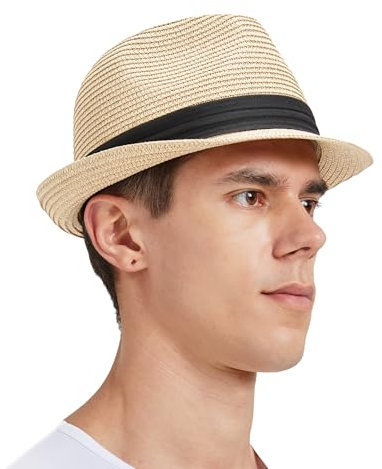 Zylioo XL/XXL Trilby Fedora Strohhut für Großen Kopf,Stroh Sonnenhut Herren mit Roll UP Krempe,UV-Schutz Sommerhut Strandhut