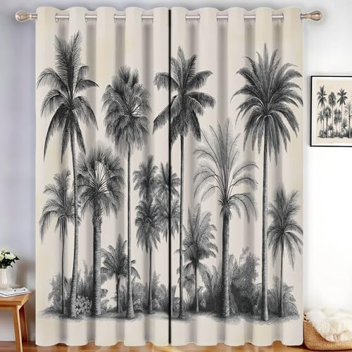 MLSOWM Retro Style Curtains 72 Inch Drop Date Palms And Palm Trees Blackout Curtains Light Gray Eyelet Curtain for Bedroom Living Room Darkening Drapes 2 Panels, W 66 x L 72