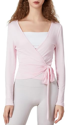 Kouoybt Women's Wrap Tie Top Long Sleeve Ballet Workout Yoga Shirt Y2K Coquette Blouses V Neck Cross Front Shirt (A-Pink, S)