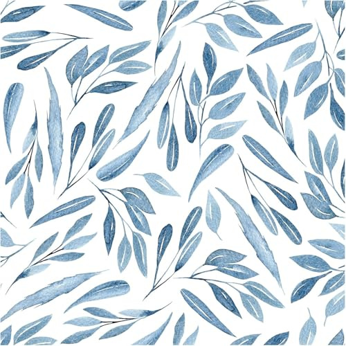 ICYEHAO Carta da Parati Azzurra, 44.5 x 500 cm Carta da Parati Autoadesiva Blu Foglie Parato Adesiva Fiori Botanica Boho Pellicola Adesiva per Mobili,Camera da Letto,Soggiorno,Bagno,Cucina
