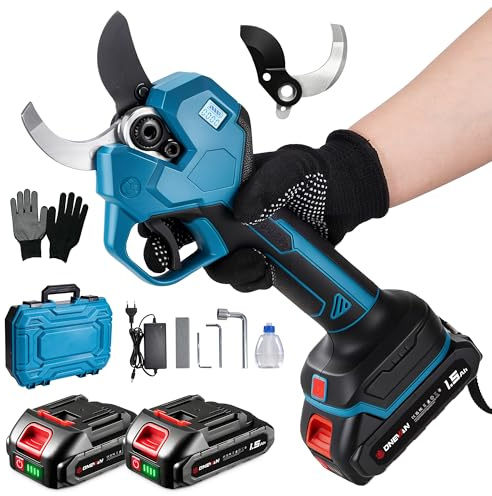 ONEVAN Troncarami a batteria Brushless, 600 W, Ø 40 mm, con 2 lame SK5, batterie e caricatore, taglia rami fino a 40 mm, per taglio alberi e giardino