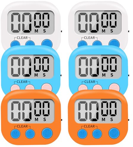 6 Pack Small Digital Kitchen Timer Magnetic Back and ON/Off Switch,Minute Second Count Up Countdown (Multicolored)