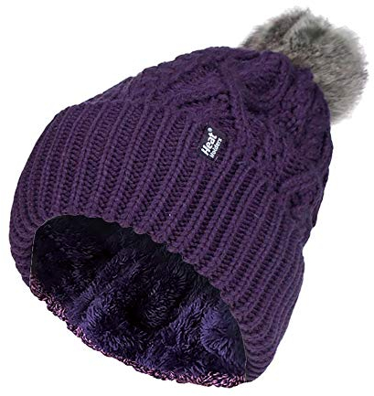 HEAT HOLDERS - Damen Warm Strickmütze Gefüttert Beanie mit Bommel und Fleecefutter (One Size, Purple (Solna))