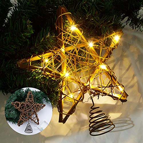 LAWOHO Christmas Tree Topper Star, 10-inch Rustic Brown Rattan Natural with 10 Warm White Lights Three Functions with Timer, Seasonal Decoration for Festive Christmas Home Indoor Ornament
