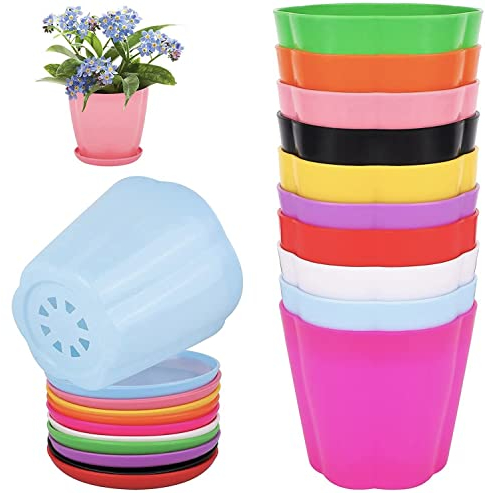 LATERN 10 Stück Kunststoff-Blumentöpfe, 11cm Bunte Blumentöpfe Indoor-Pflanztöpfe Pflanzgefäß für Sämlinge mit Untertassen für Garten-Büro-Schreibtisch-Balkon-Dekor (10 Farben, Blumenform)