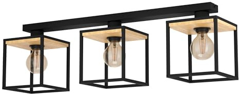 EGLO taklampa Libertad, 3-glödlampor takbelysning | vardagsrumslampa i metall i svart och trä i natur, lampa med E27-uttag